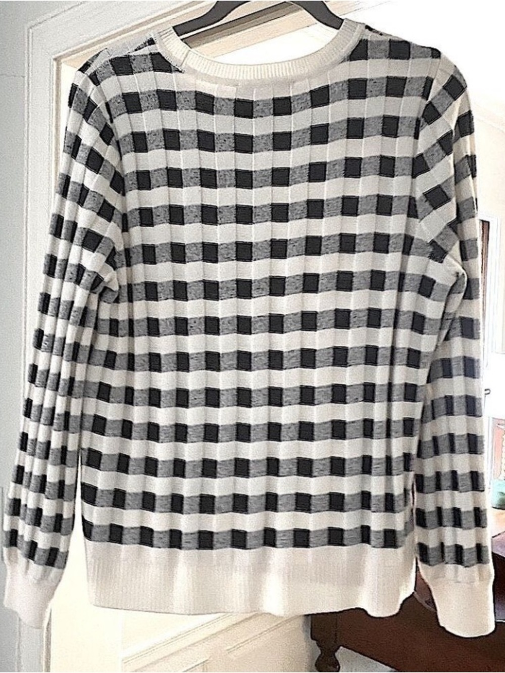 Navy Blue & Ivory White Gingham Knit Sweater Petite Large LP Fall Winter